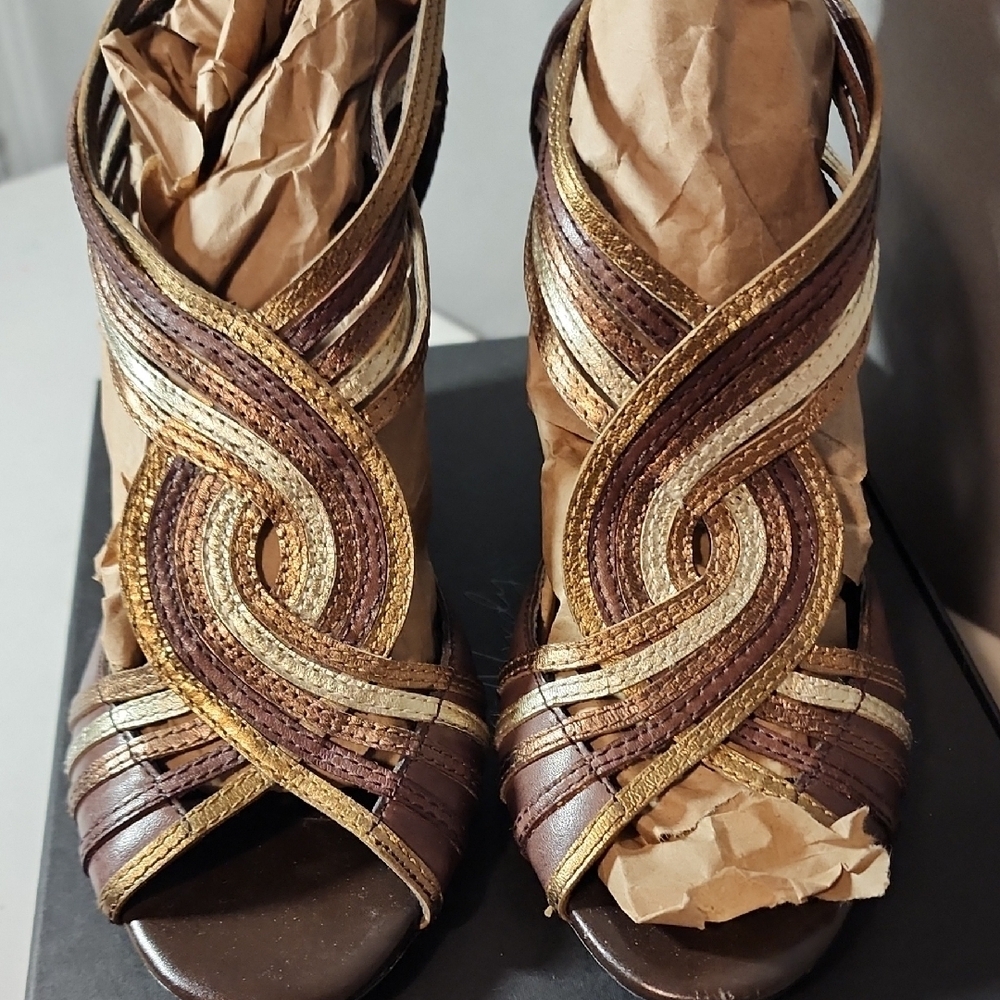 Franco Sarto Brown and Gold Strappy Heels